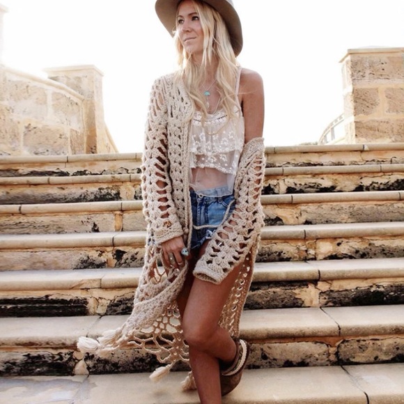 SOLD OUT Khaki Bohemian Hand Knit Tassel Open Crochet Knit Cardigan Sweater - Picture 4 of 7